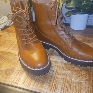 Madewell Cognac Lace-Up Chunky Sole Boots